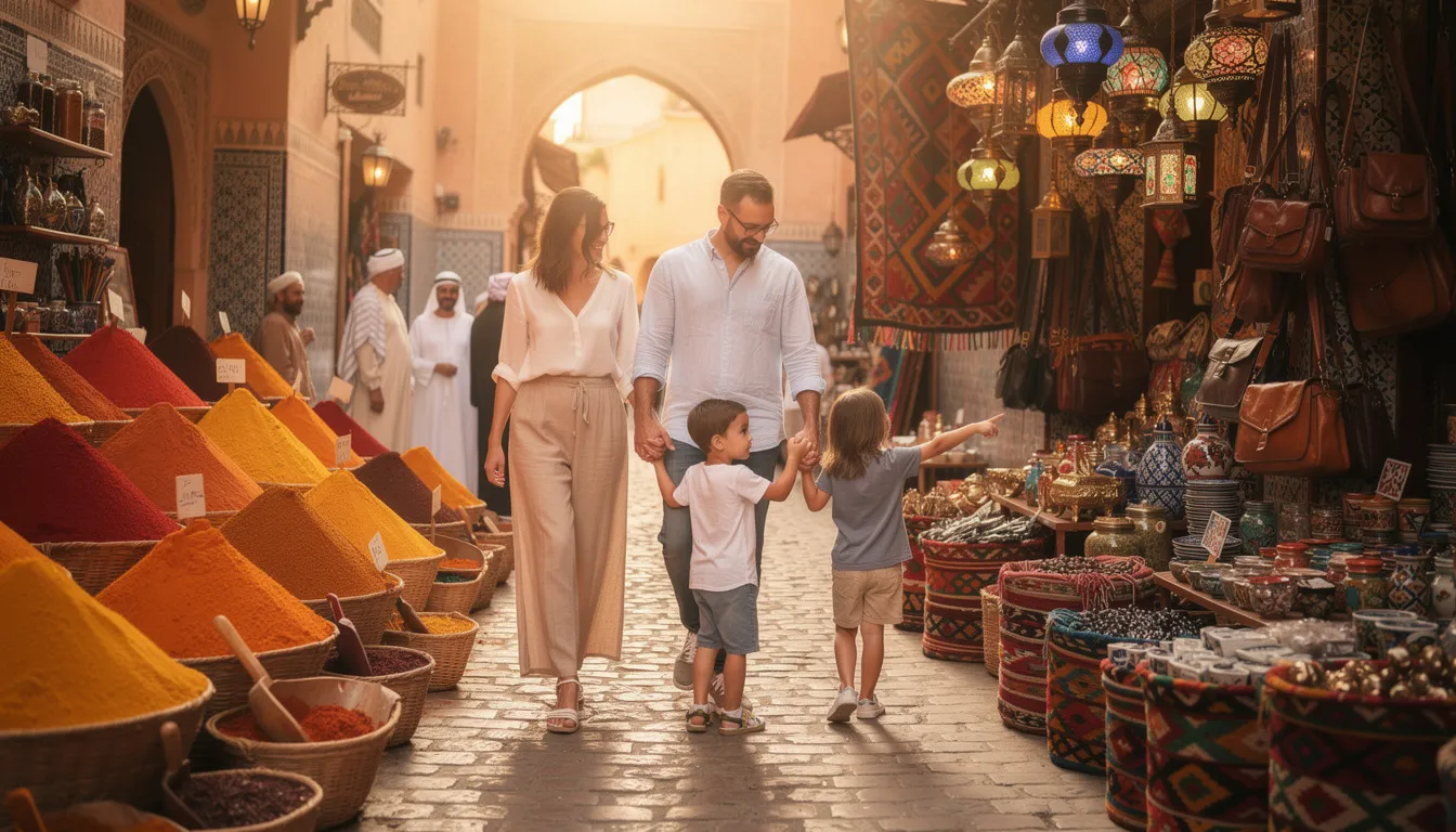 A family strolls through a vibrant Moroccan marketplace, with children excitedly pointing at colorful spices and handmade crafts. The narrow streets are filled with the exotic intrigue of local vendors, creating a lively atmosphere perfect for a family trip in Morocco.