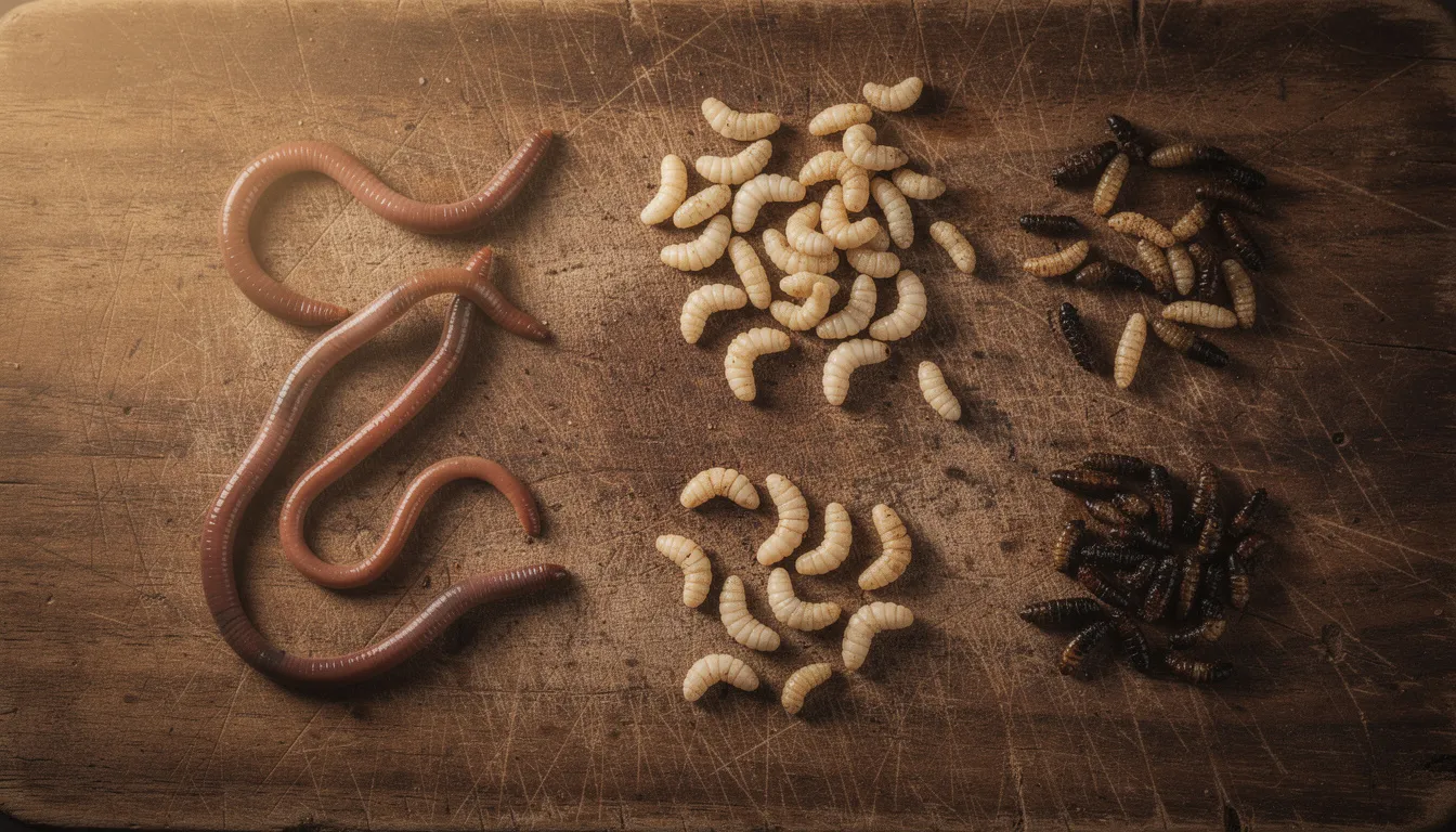 Na drewnianej desce leżą naturalne przynęty wędkarskie, takie jak czerwone robaki i larwy, które są idealne do łowienia ryb w marcu. Wczesną wiosną, kiedy przyroda budzi się do życia, ryby intensywnie żerują, co zwiększa szansę na udany połów.