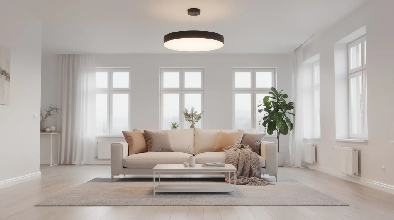 Een lichte woonkamer met een moderne, dimbare plafondlamp die warm wit licht verspreidt, verlicht een comfortabele bank en creëert een gezellige sfeer. De strakke lijnen van de plafondlamp passen perfect bij de stijlvolle inrichting van de ruimte.