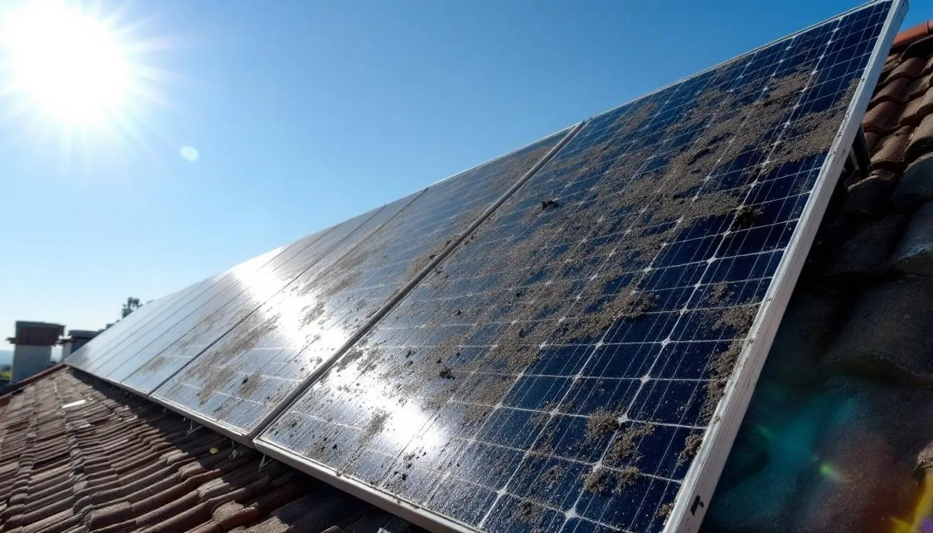 Een schuin dak met vuile zonnepanelen die bedekt zijn met stof en vogelpoep, wat hun vermogen om zonlicht op te vangen vermindert. Het is belangrijk om deze zonnepanelen regelmatig schoon te maken om maximale opbrengst te garanderen.