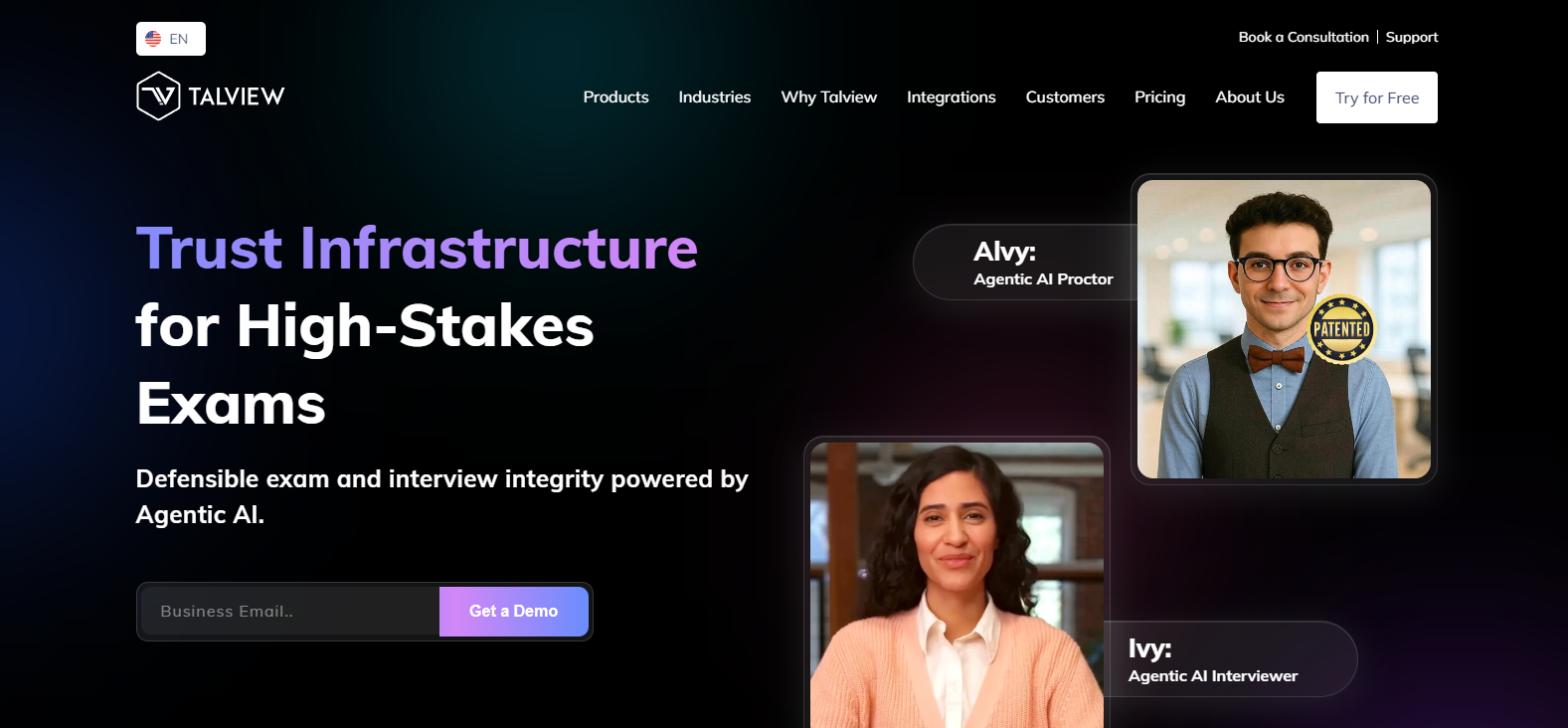 Talview homepage showcasing AI-powered online proctoring software for high-stakes exams with secure remote assessment, identity verification, and exam integrity solutions.