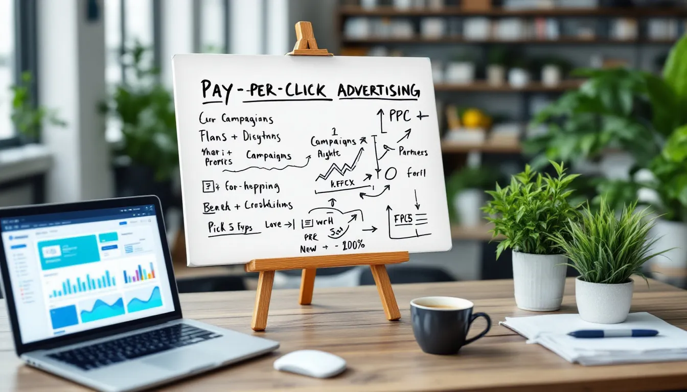 In the image, a diverse team of PPC experts collaborates around a table, analyzing data and discussing strategies for effective PPC campaigns. They are focused on creating targeted ads and optimizing landing pages to deliver results for their clients in the digital marketing landscape.