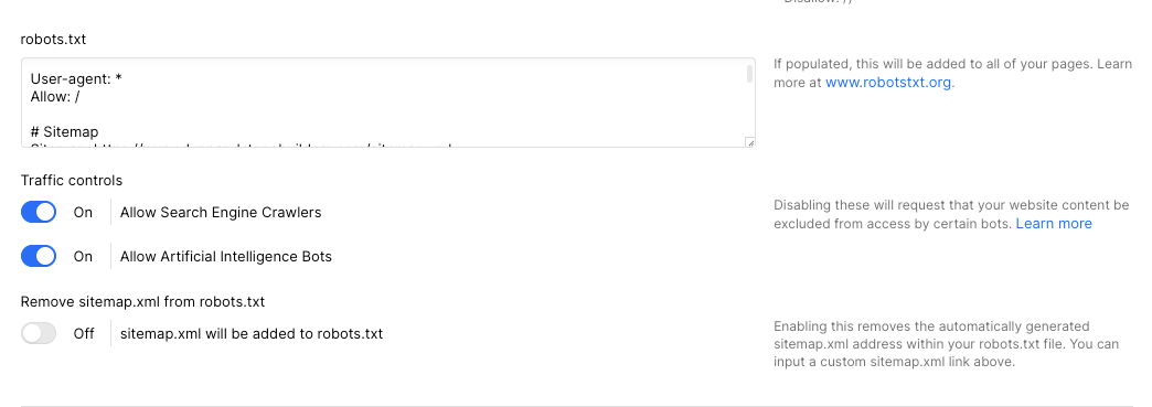Webflow robots.txt and traffic controls settings screen showing options to allow search engine crawlers, allow artificial intelligence bots, and toggle sitemap.xml inclusion in the robots.txt file.