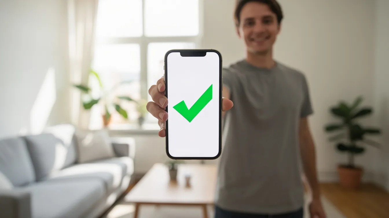 A person is sitting in a modern living room, holding a smartphone that displays a green checkmark, indicating that the security verification was successful. The relaxed atmosphere suggests a sense of security and confidence in the verification process.