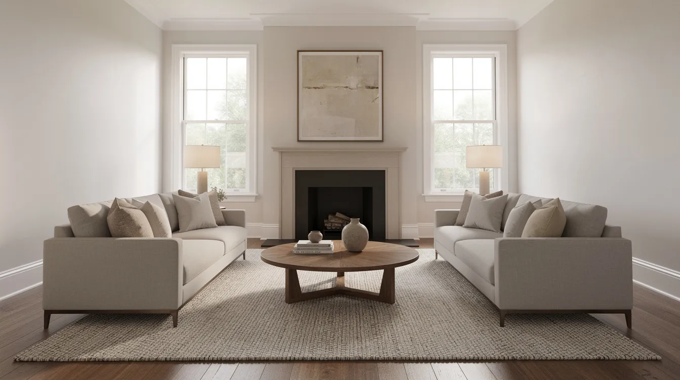 The image depicts a symmetrical living room featuring two matching sofas positioned opposite each other over a large area rug, with a round coffee table in the center and a cozy fireplace at one end, creating a warm focal point for the main seating area. This arrangement promotes a balanced layout, ideal for multiple conversation areas and enhancing the overall interior design of the space.