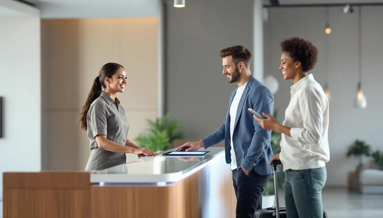 In a modern hotel reception area, guests are checking in at a sleek, contemporary desk, while staff members assist them with warm smiles. The scene reflects the hospitality industry's focus on guest satisfaction and operational efficiency, essential for maximizing revenue and evaluating hotel performance.
