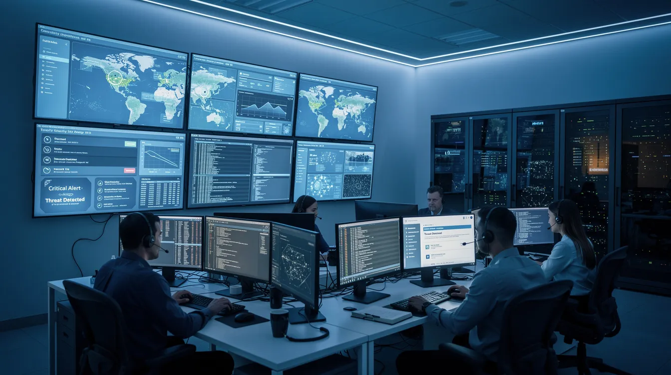The image depicts a modern security operations center (SOC) where analysts are intently monitoring multiple screens filled with security alerts and data visualizations. This high-tech environment emphasizes cybersecurity operations, threat detection, and the importance of a skilled security team in managing and analyzing security events.