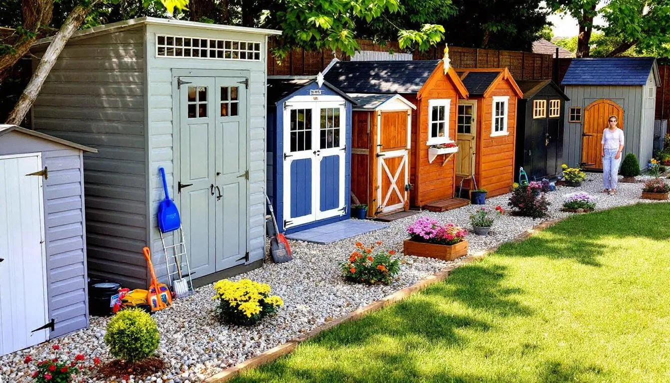 The image features a variety of garden sheds made from different materials, including wooden, metal, and plastic, all showcased in a vibrant garden setting. These outdoor storage solutions come in various sizes and styles, providing ideal options for organizing gardening tools, outdoor toys, and other equipment in the garden space.
