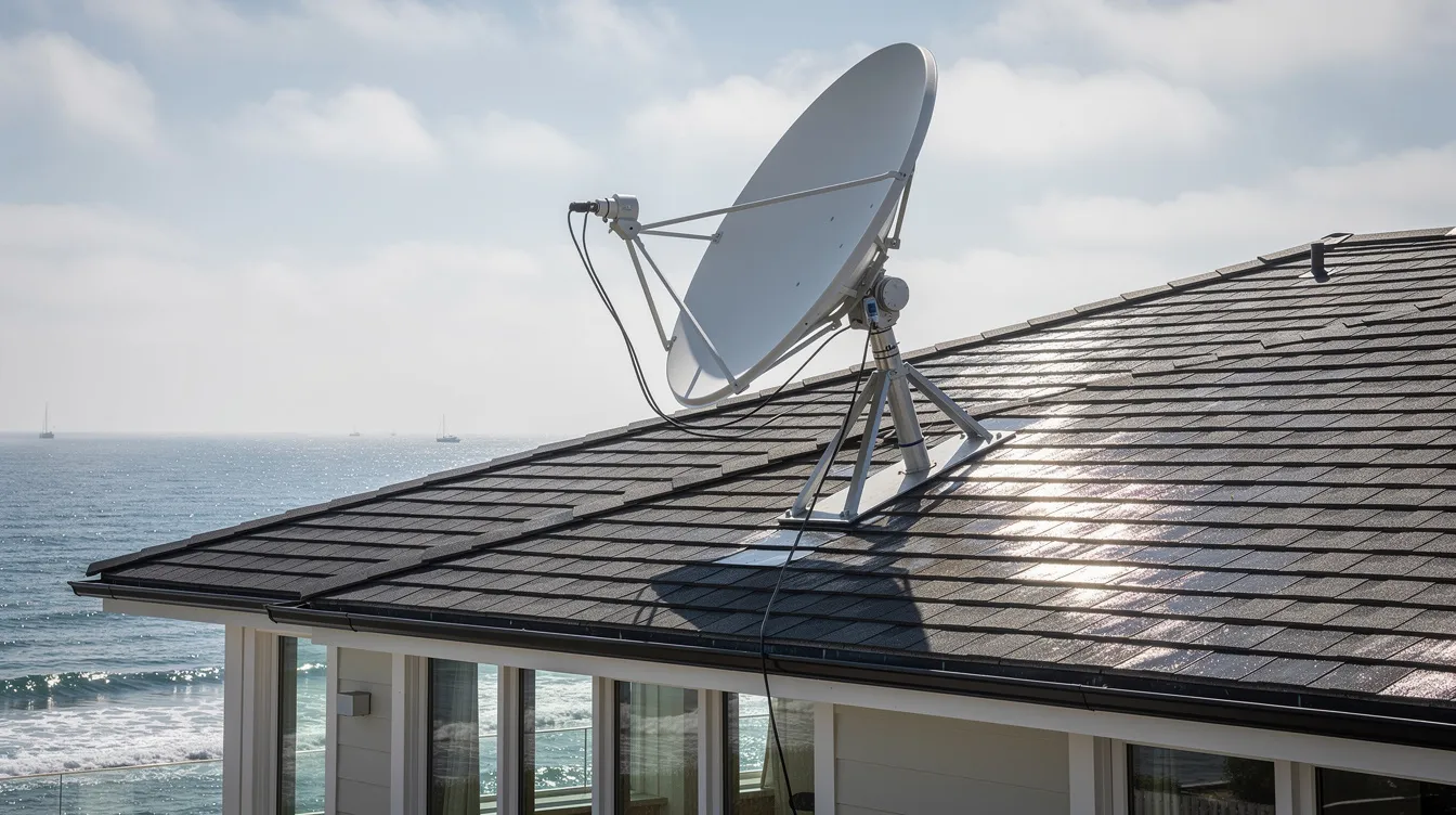 A satellite dish is securely mounted on the roof of a coastal home, with the vast ocean stretching out in the background. This image highlights the importance of professional DSTV installation services in Kleinmond for optimal signal reception.