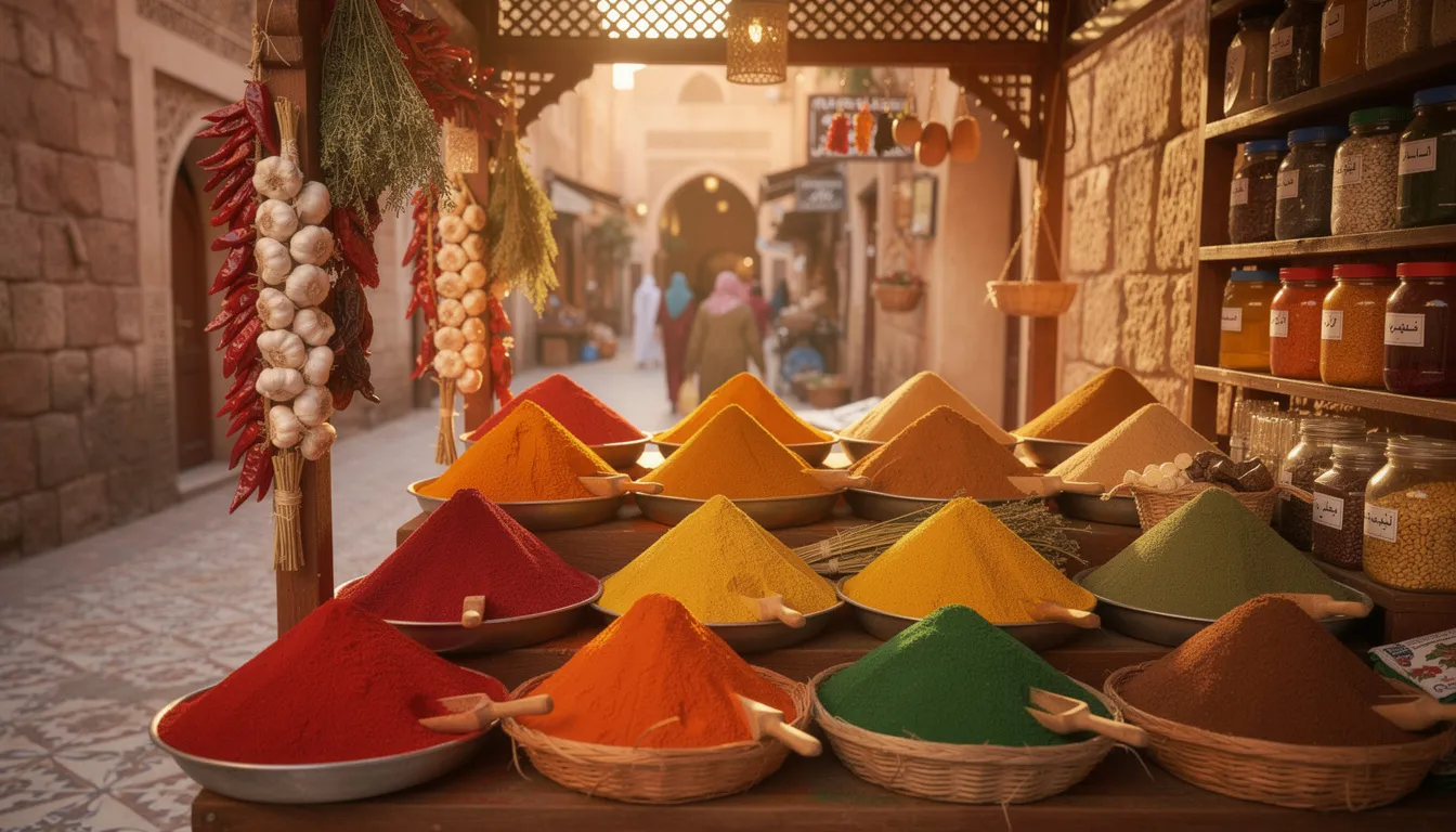 A vibrant spice market stall in a traditional Moroccan souk displays an array of colorful spices, herbs, and local products, inviting visitors to immerse themselves in the rich culture and flavors of Morocco. This scene captures the essence of authentic Morocco, perfect for those on private tours seeking unique experiences.