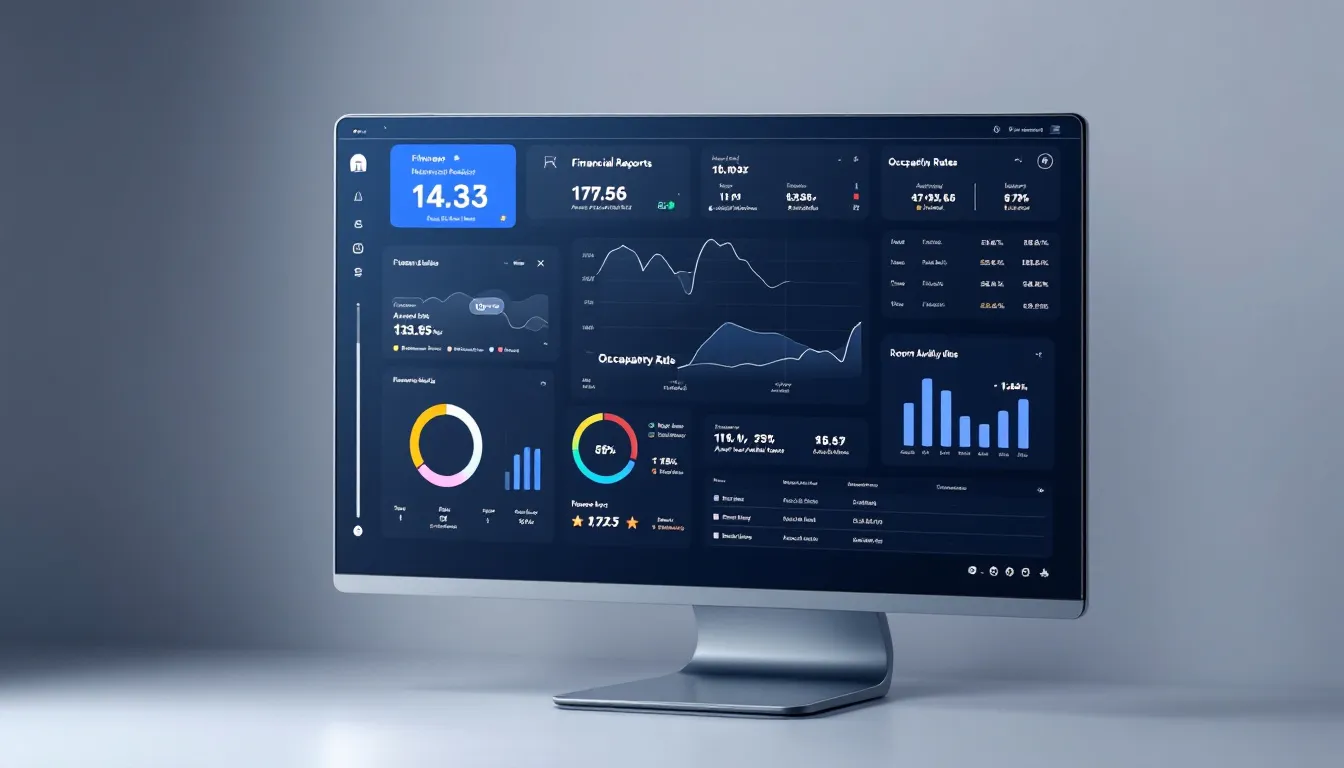 An image of a hotel management dashboard displays various financial reports and occupancy data crucial for the night audit process. It highlights key metrics such as room occupancy, financial transactions, and food and beverage sales, providing essential insights for night auditors and front desk staff to ensure successful hotel operations.