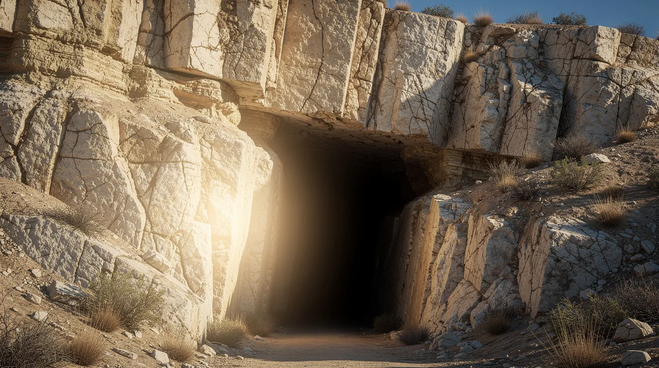 The image depicts a narrow cave opening in a limestone cliff face, brightly illuminated by desert sunlight, suggesting a connection to ancient rituals and the Essene community, known for their sacred writings and biblical manuscripts. This serene setting evokes thoughts of the historical context of early Judaism and the Qumran community, where significant texts like the Dead Sea Scrolls were discovered.