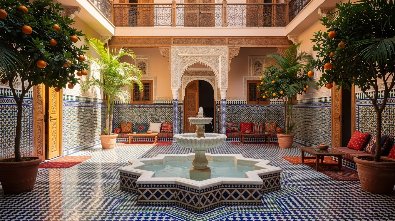 The image depicts a traditional Moroccan riad courtyard adorned with vibrant, colorful tiles surrounding a serene fountain. This picturesque setting reflects the rich culture and architecture of Morocco, often found in local hotels and serving as a peaceful retreat for travelers.