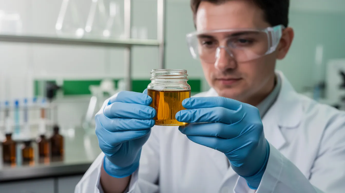 A person is closely examining a small glass jar filled with golden hemp extract in a laboratory setting, highlighting the ongoing research into hemp-derived products and their legal status under federal law and Michigan regulations. The jar may contain hemp-derived THCA, which is subject to specific guidelines set by the Michigan Cannabis Regulatory Agency.