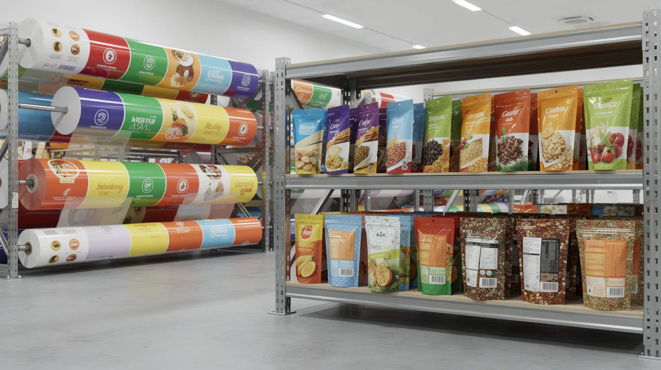9bb6e699 656a 46c7 8683 4cfb091c1ead The image showcases vibrant flexible packaging rolls and printed food pouches neatly arranged on industrial shelving, highlighting the importance of efficient inventory management in the rice processing industry. These packaging materials are essential for maintaining the quality and moisture content of high-quality rice, which is a vital staple food.