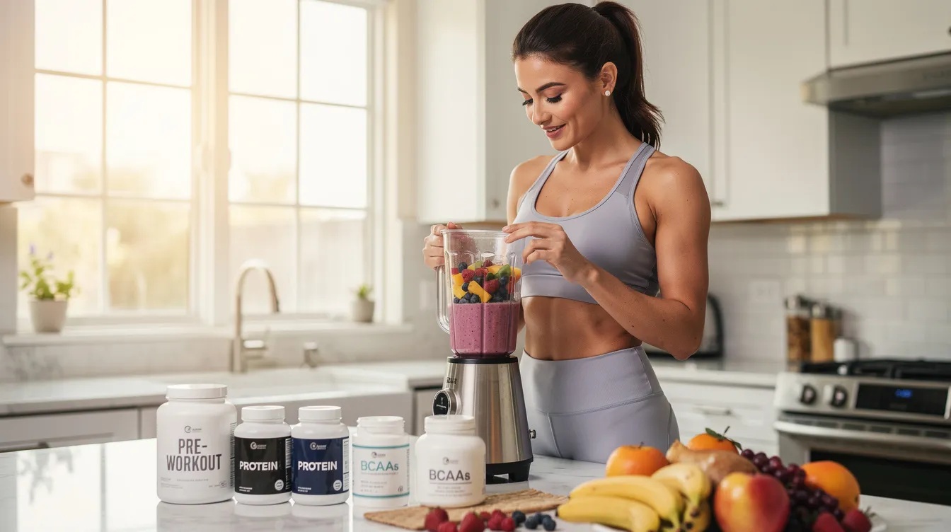 A woman in athletic wear is blending a pre-workout smoothie in a bright kitchen, surrounded by various weight loss supplements, including green coffee bean extract and dietary fiber, emphasizing a healthy lifestyle and weight management. The scene highlights her commitment to boosting metabolism and supporting fat loss through natural ingredients.