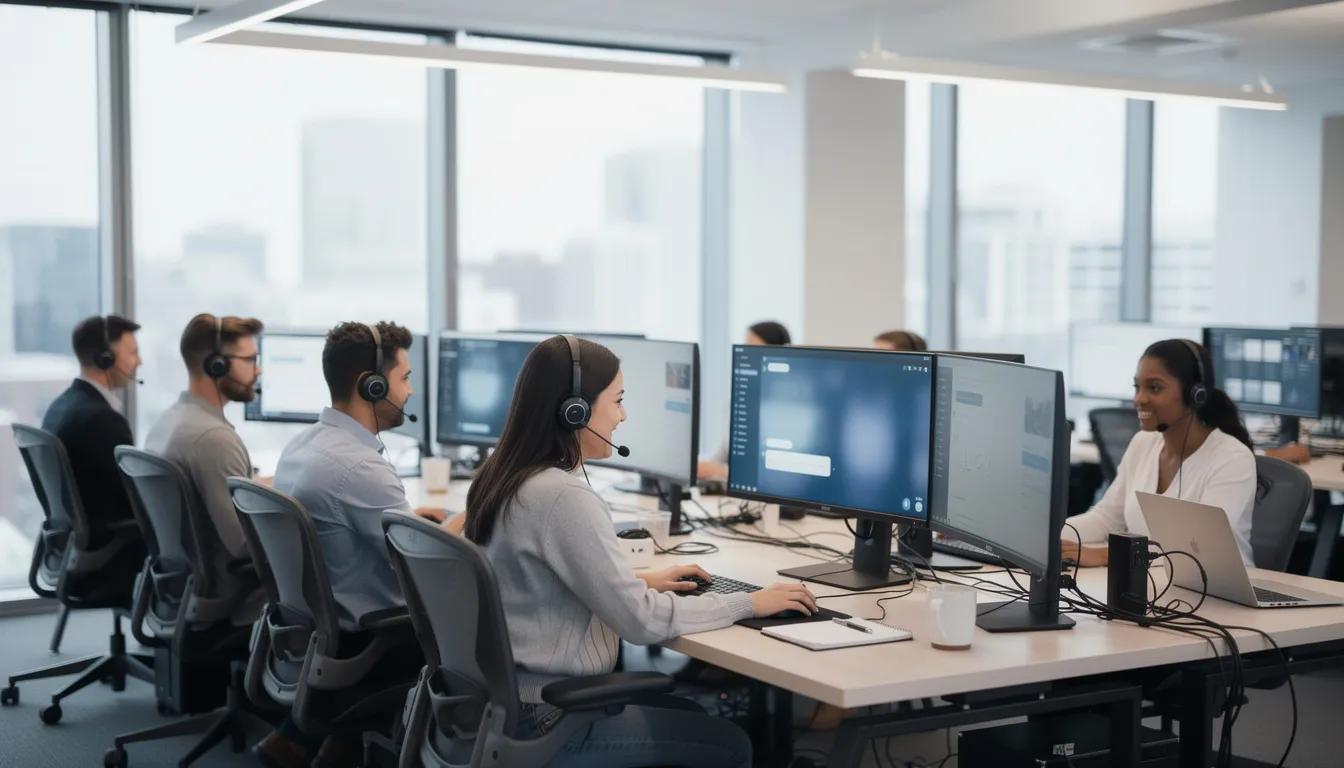 Business Process Optimization: The image shows a customer service team working at modern workstations equipped with headsets and multiple monitors, focused on optimizing business processes to enhance customer satisfaction. The collaborative environment emphasizes efficient processes and continuous improvement in managing complex tasks.