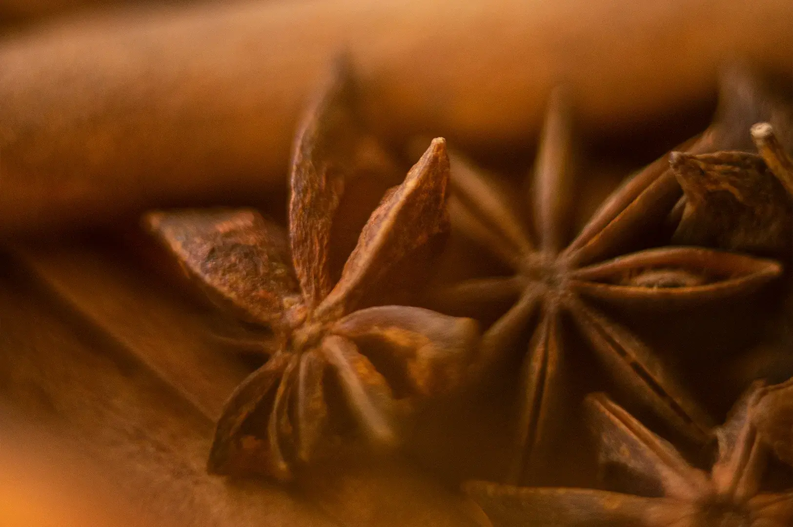 A close-up, warm-toned macro shot focusing on several star anise pods resting on a textured wooden surface, with a blurred cinnamon stick visible in the soft-focus background, highlighting the aromatic spices used in traditional tea preparations.