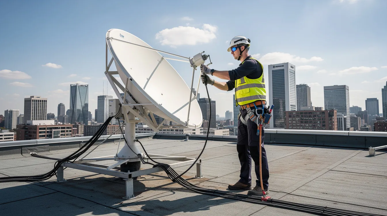 A technician in work gear is carefully adjusting a satellite dish on a rooftop, ensuring optimal alignment for the best reception. This professional DSTV installer is part of the comprehensive DSTV installation services available in Fresnaye, aimed at providing uninterrupted entertainment.