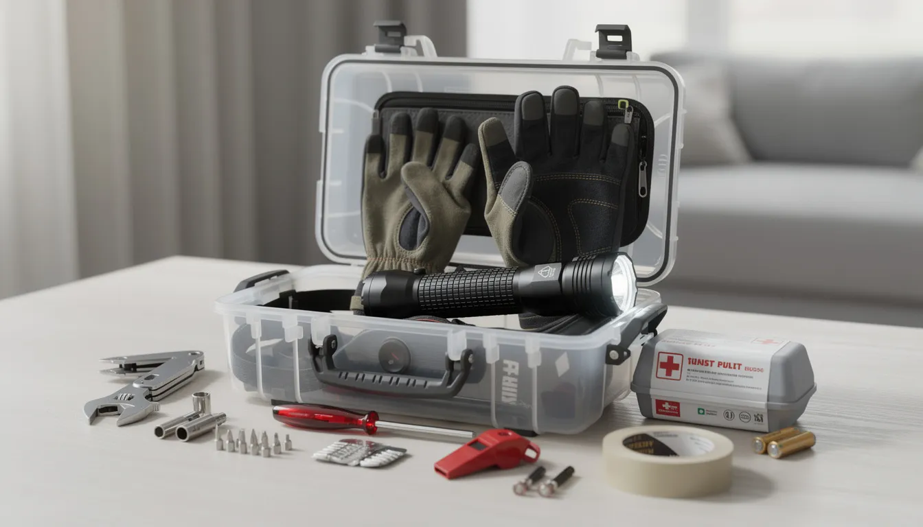 The image depicts a home emergency preparedness kit stored in a waterproof container, featuring essential items such as a flashlight, gloves, and basic tools, which are crucial for addressing water damage and mitigating risks during a natural disaster. This kit is essential for homeowners to effectively respond to situations like burst pipes or flooding, helping to prevent further damage and ensure safety.