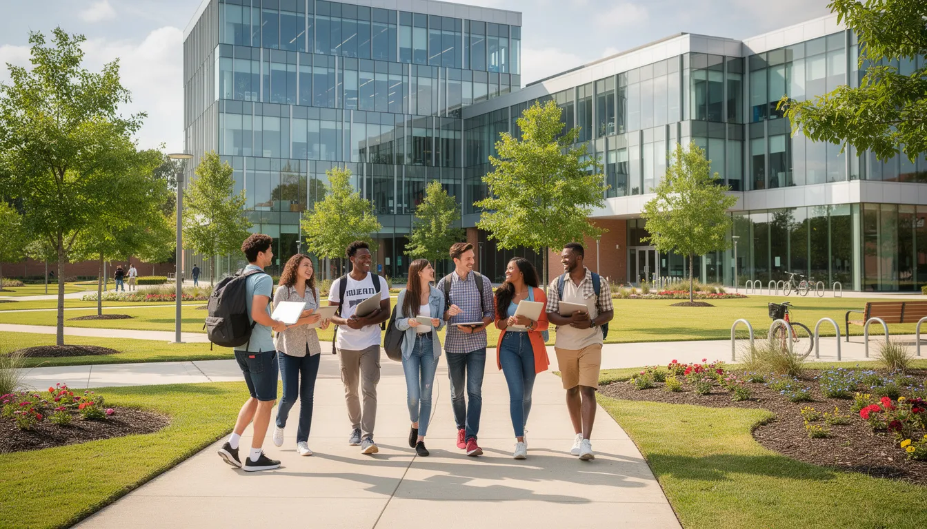 Un groupe d'étudiants internationaux marche sur un campus universitaire moderne, entouré de bâtiments en verre et d'espaces verts, symbolisant l'aventure d'étudier à l'étranger après le bac. Leur diversité culturelle reflète les nombreuses opportunités d'études à l'étranger et les expériences enrichissantes qu'ils vivent.