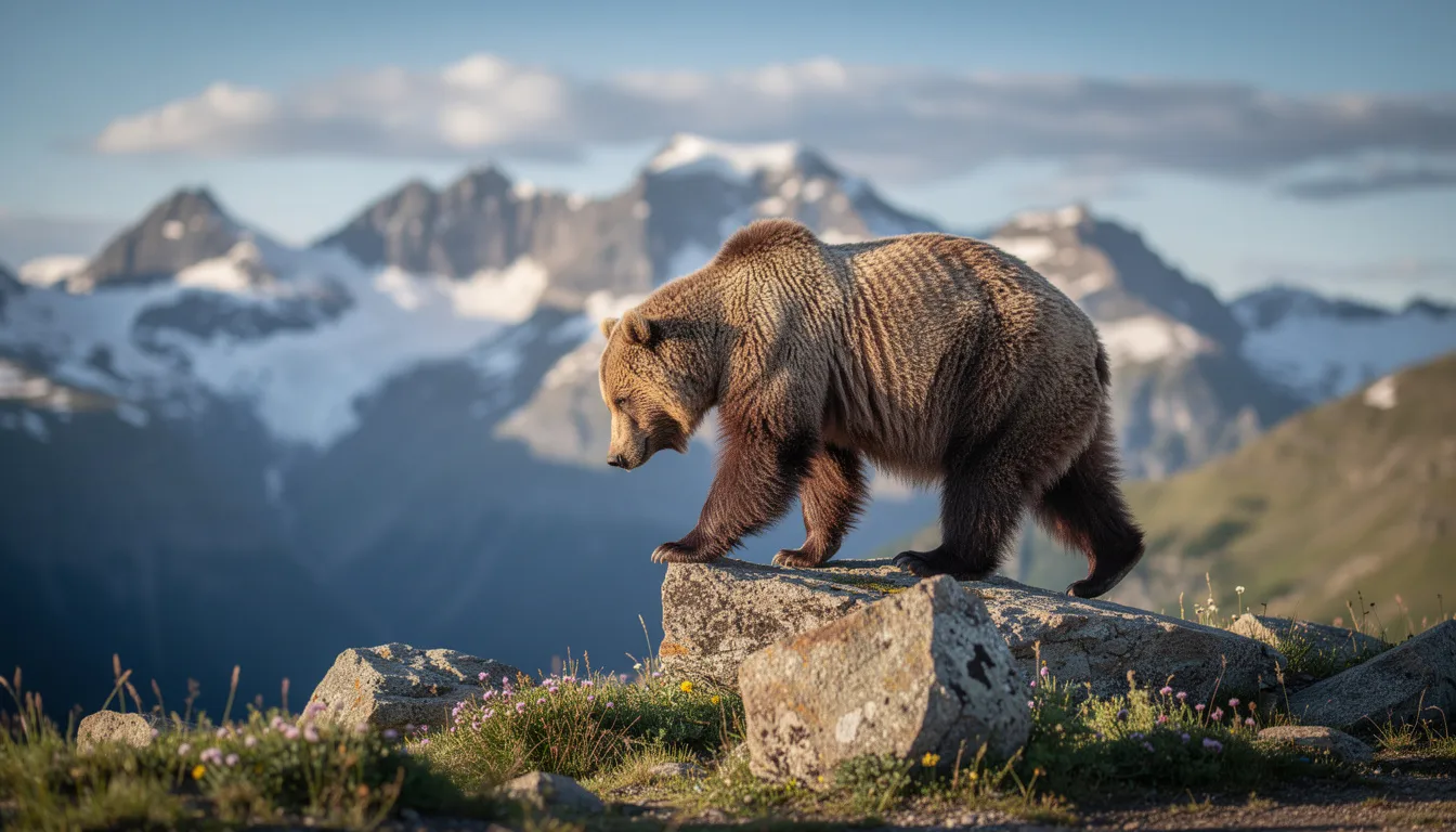 A bear stands majestically in a mountainous landscape, gazing downward, symbolizing the current bitcoin bear markets and the volatility in crypto markets. The scene evokes a sense of caution as investors navigate through this challenging period of price decline and profit taking.