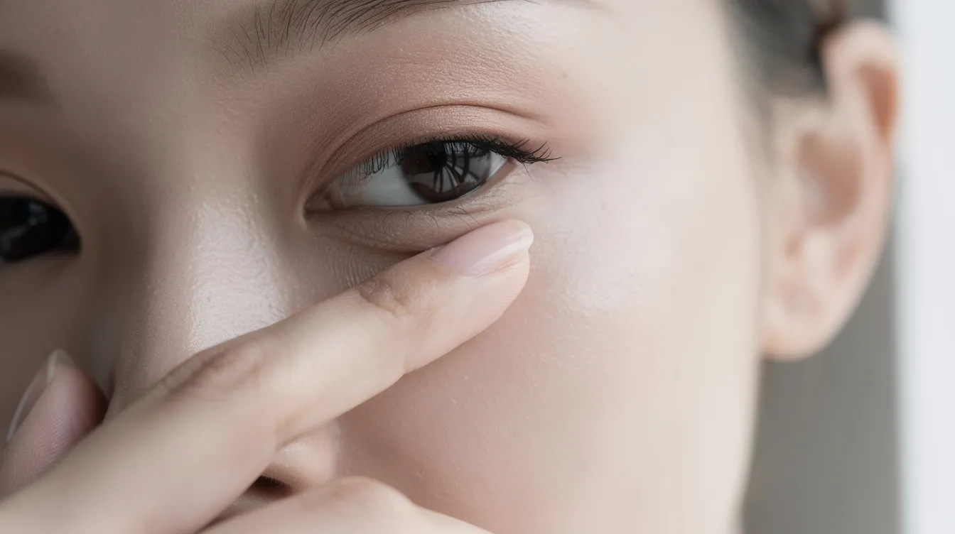 A close-up photograph captures a person gently touching the delicate skin beneath their eyes, highlighting the under-eye area in natural lighting. The image emphasizes the appearance of dark circles and eye bags, inviting a discussion about targeted treatments and skincare solutions for reducing puffiness and brightening the eye contour.