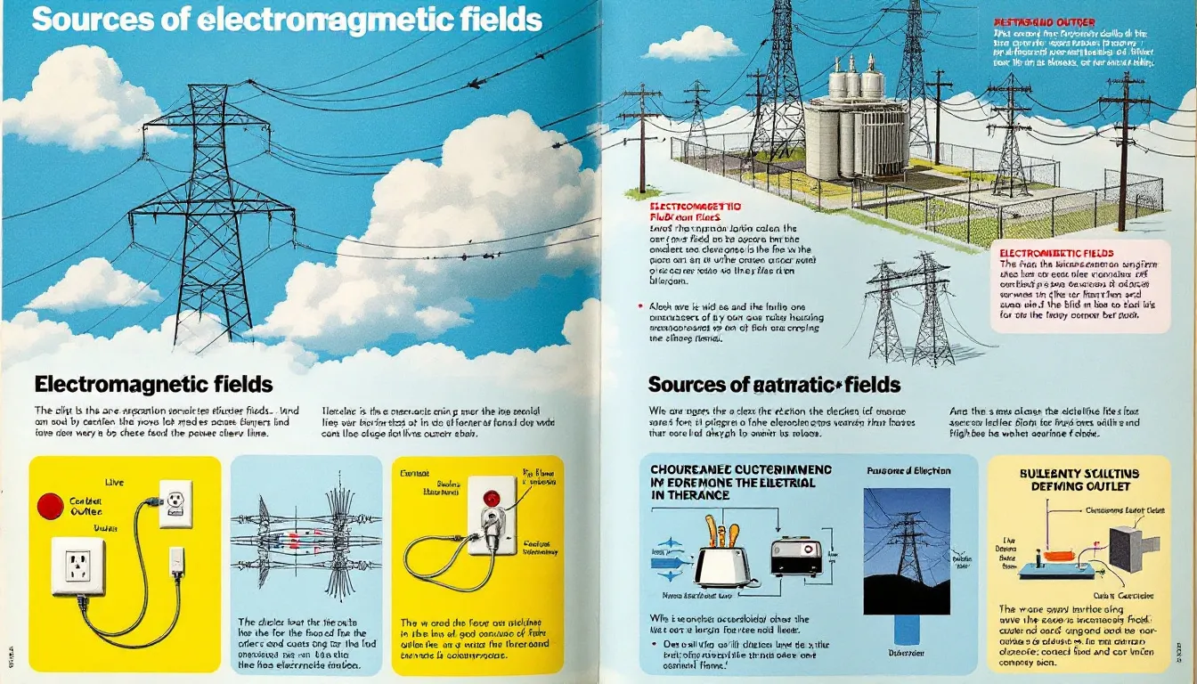 An illustration showing various sources of electromagnetic fields including power lines.