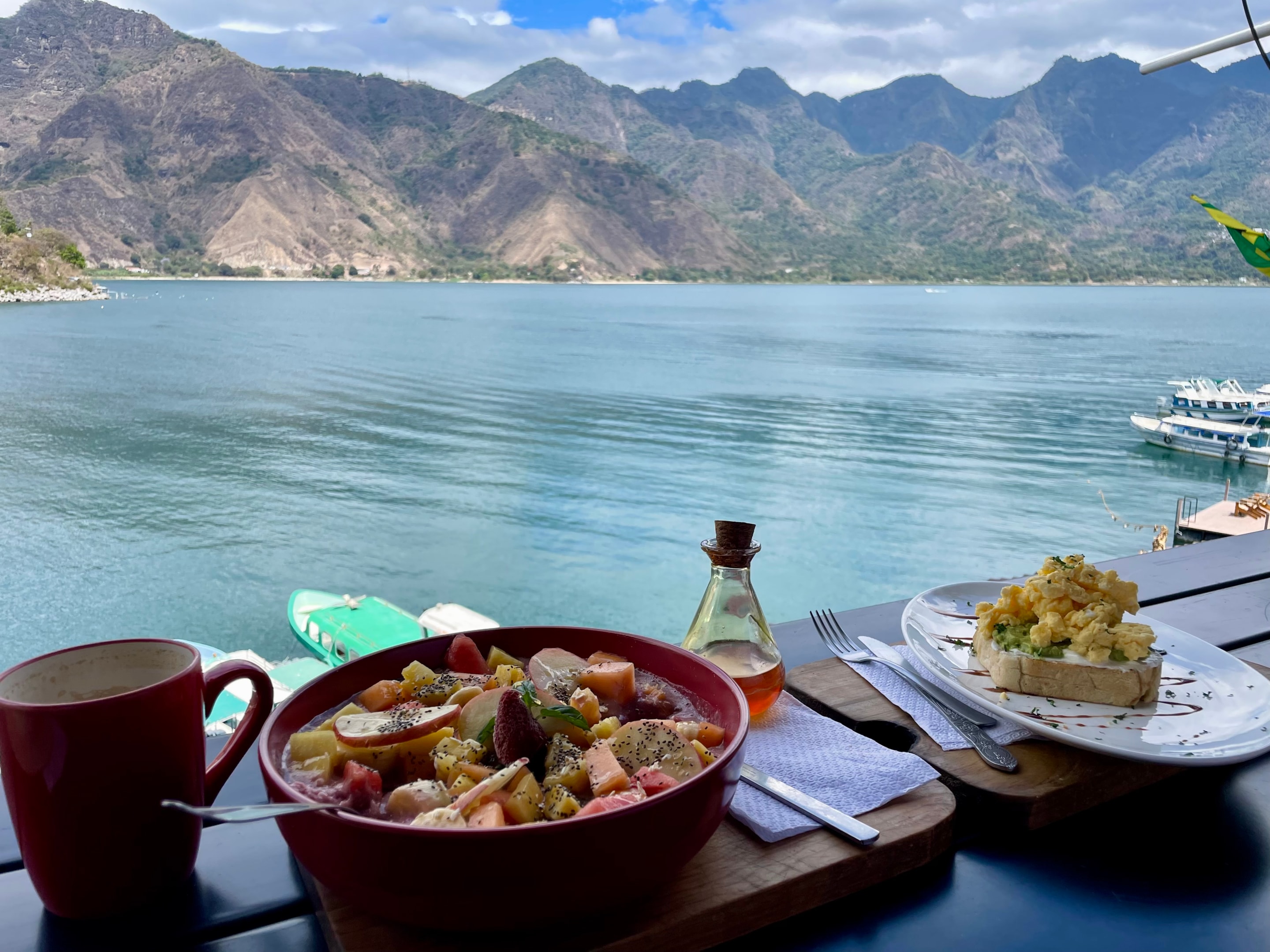 Cafe in San Pedro overlooking Lake Atitlan, Guatemala