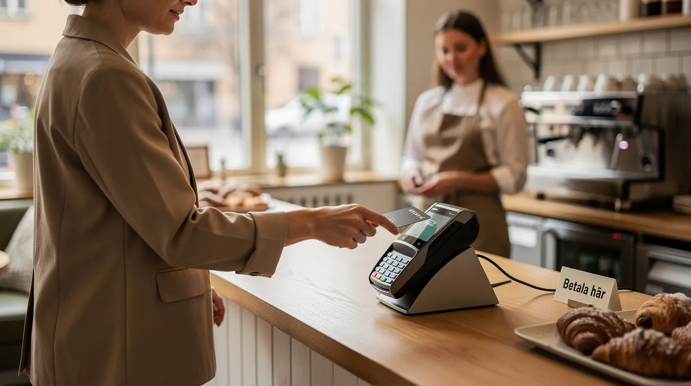 A person is tapping a contactless payment card at a modern café counter in Sweden, showcasing the convenience of digital banking services. The scene reflects the growing trend of cashless transactions in Swedish banks, emphasizing the ease of managing payments with a debit card.