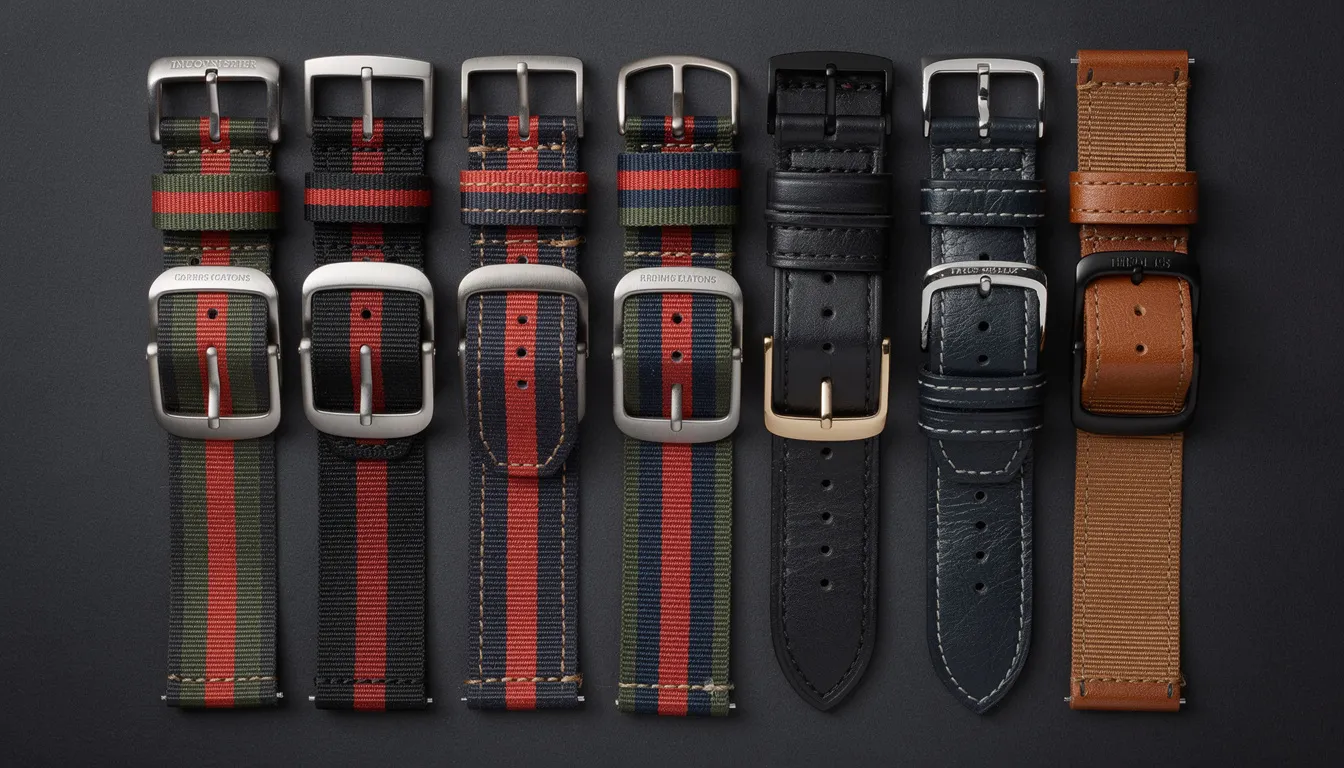 The image showcases a variety of premium regimental watch straps from different manufacturers, highlighting differences in construction quality. The display includes military watch straps in colors such as green, brown, and grey, emphasizing their fit and durability for military watches.