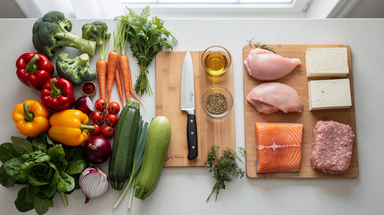 An array of fresh vegetables, including leafy greens, colorful peppers, and tomatoes, alongside lean proteins such as chicken and fish, is beautifully arranged on a kitchen counter, emphasizing a healthy diet for weight loss and fat burning. This meal preparation setting highlights the importance of a balanced diet and supports weight management through natural ingredients.