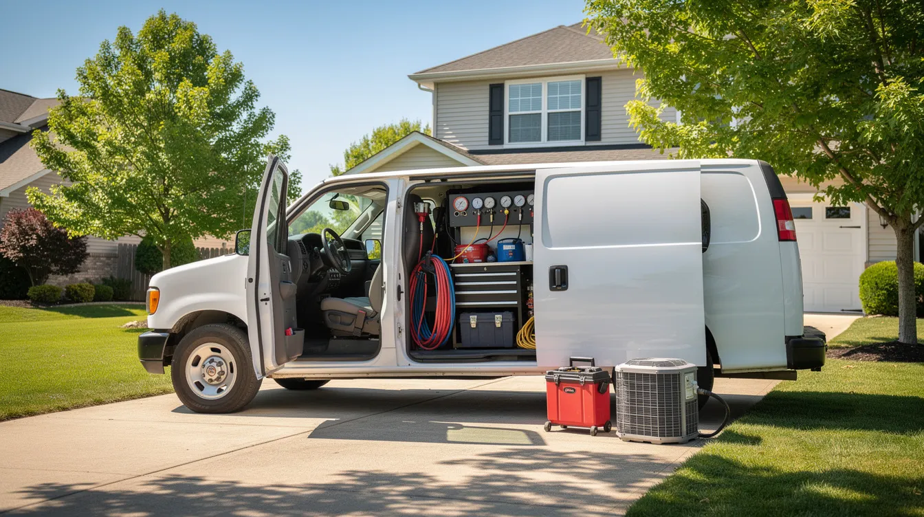 A service van equipped with HVAC tools is parked in a suburban residential driveway during summertime, ready to provide air conditioning repair and maintenance services. The presence of the van suggests a focus on ensuring optimal cooling performance and indoor air quality for the home.