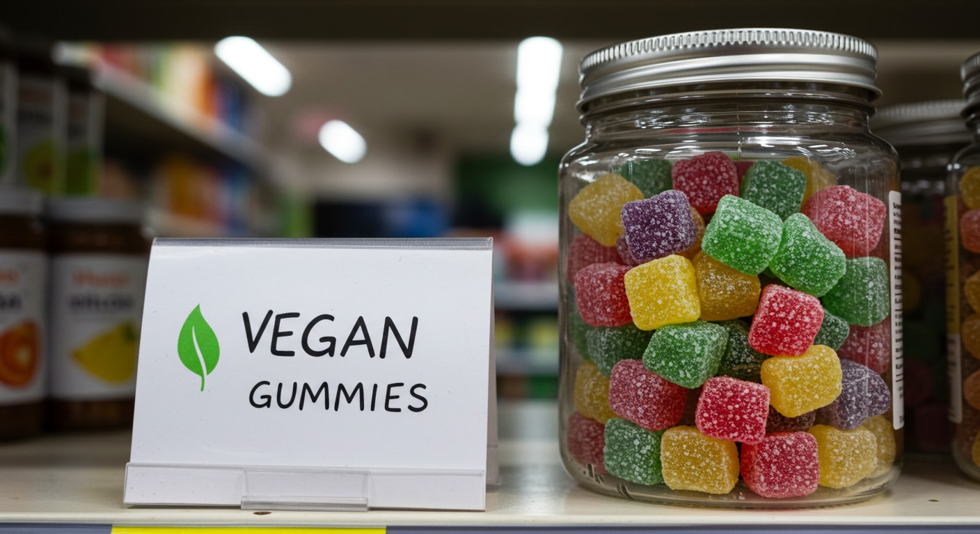Vegan sign next to a jar of gummies to show that they are vegan gummies