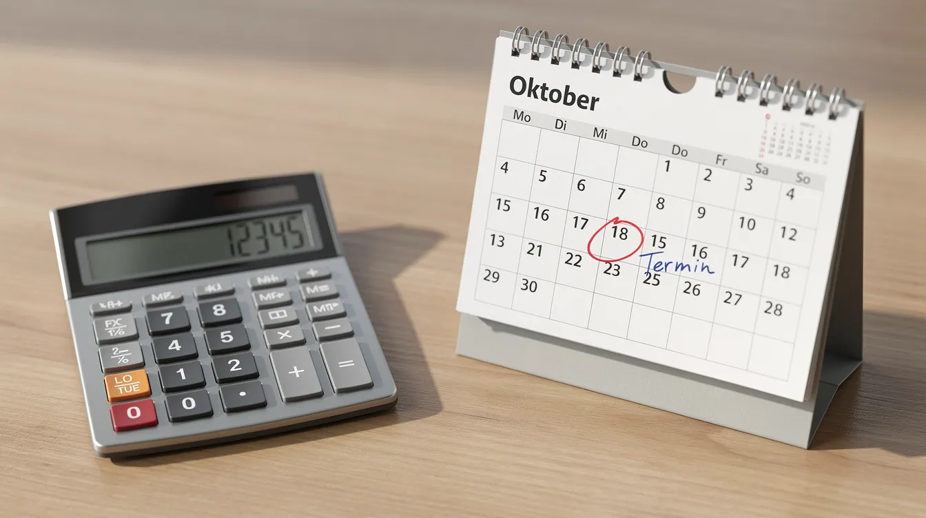 Excel: Datum von heute einfügen und mit der HEUTE-Funktion arbeiten 4 Ein Taschenrechner liegt neben einem Kalender auf einem Schreibtisch, der das aktuelle Datum anzeigt. Der Taschenrechner könnte für Berechnungen verwendet werden, während der Kalender als Referenz für das heutige Datum dient.