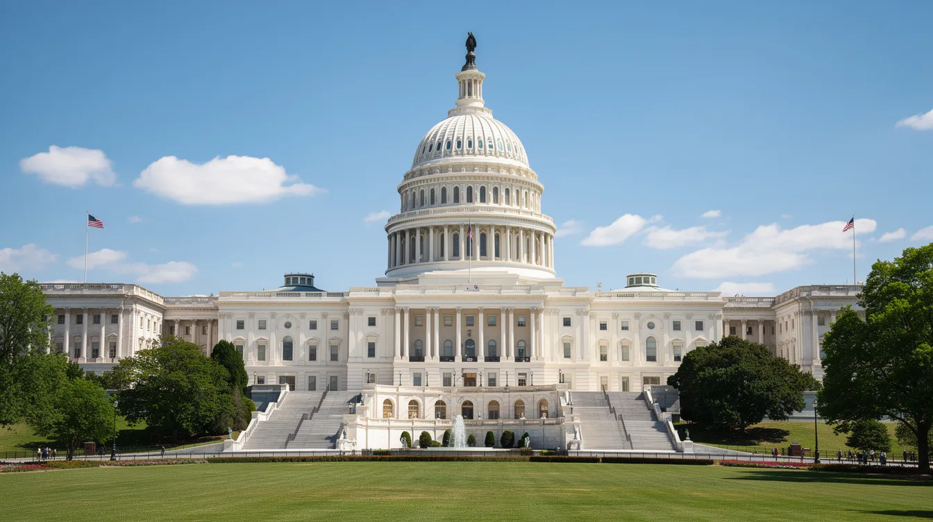 The image depicts the iconic United States Capitol building in Washington DC, bathed in sunlight on a clear day. This architectural landmark represents the legislative heart of America, where discussions on important topics like the visa programme for Irish nationals and other immigrants take place.