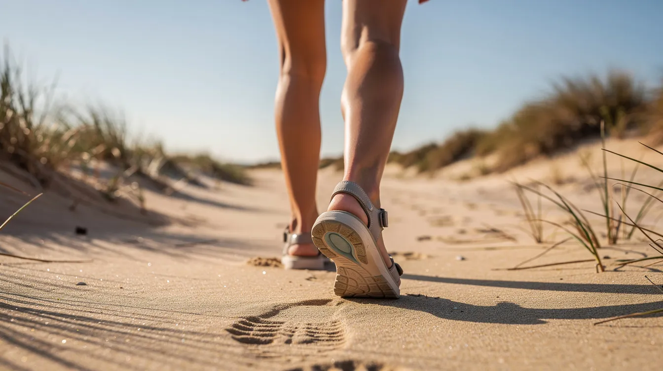 A woman is walking along a sandy path in casual supportive sandals that feature a visible arch contour, providing proper support for her feet. These sandals are ideal for managing plantar fasciitis, enhancing comfort and reducing strain during walks.