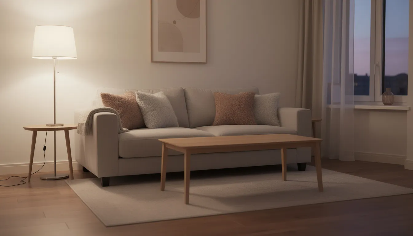 Een opgeruimde woonkamer met een comfortabele bank bedekt met kussens en een lege salontafel, verlicht door het zachte avondlicht. Deze ruimte straalt een gevoel van structuur en welzijn uit, ideaal voor het organiseren van huishoudelijke taken en het plannen van de volgende ochtend.