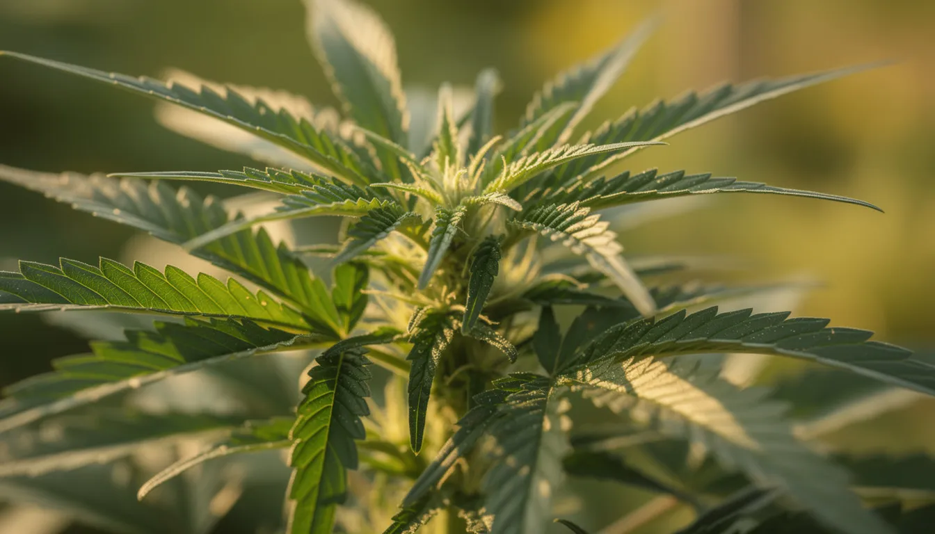 Die Nahaufnahme zeigt eine gesunde Cannabis-Pflanze mit charakteristischen gefiederten Blättern, die im Sonnenlicht leuchten. Die Blätter sind grün und kräftig, was auf einen optimalen Anbau und gute Wachstumsbedingungen hinweist.