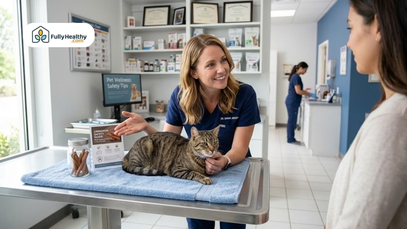 Veterinarian consulting pet owner while examining tabby cat on clinic table