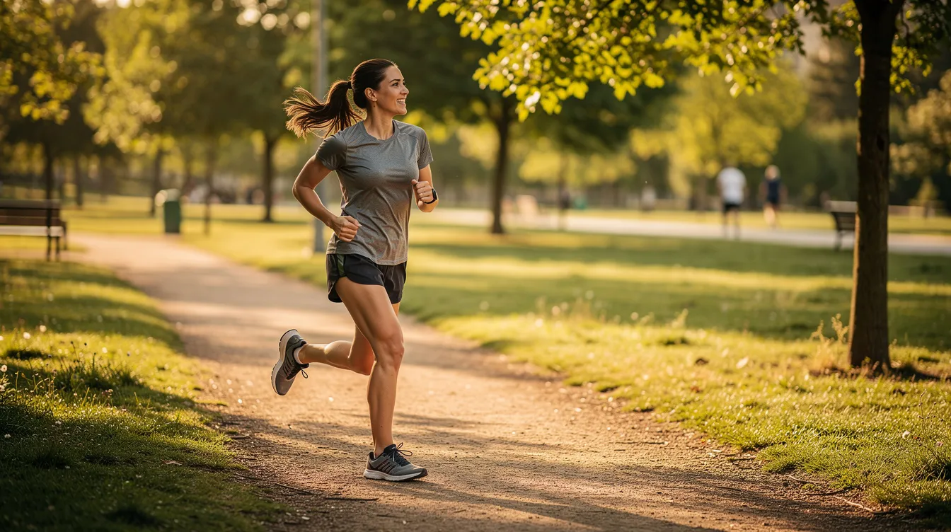 A woman jogs comfortably along a sunny park trail, enjoying the fresh air and vibrant surroundings. Her relaxed demeanor reflects the joy of outdoor exercise, promoting both physical and mental well-being.