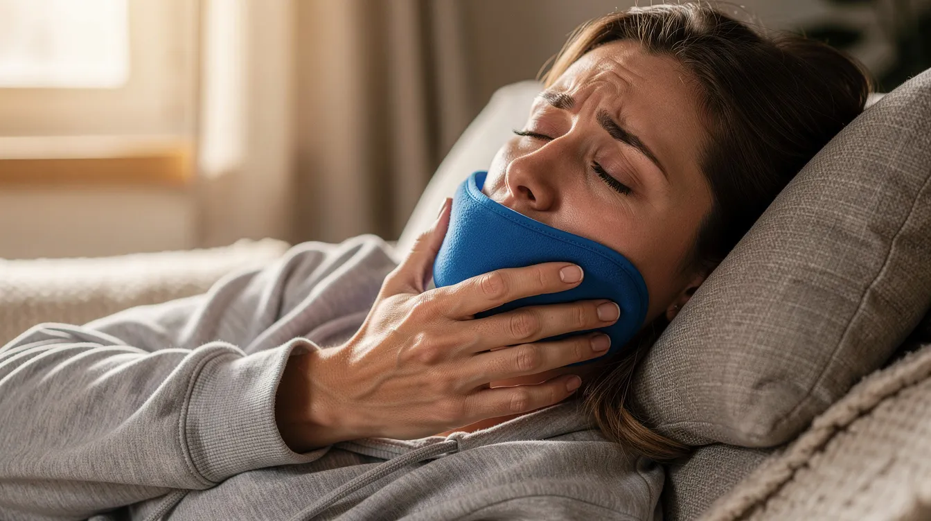A woman is seen resting on a sofa while applying a cold compress to her lower face, likely to reduce swelling after a cosmetic procedure involving lip filler or dermal fillers. The cold compress helps soothe the treated area, promoting comfort during the recovery process.
