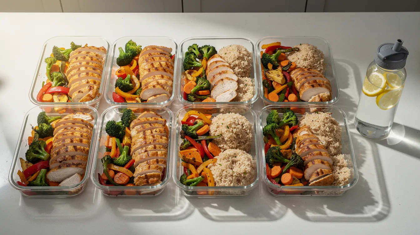 The image depicts a vibrant meal prep spread on a kitchen counter, featuring grilled chicken, an assortment of colorful vegetables, fluffy rice, and a water bottle, all arranged for a proper diet aimed at weight loss and fat burning. This colorful display highlights the importance of preserving lean muscle mass while embarking on a weight loss journey.