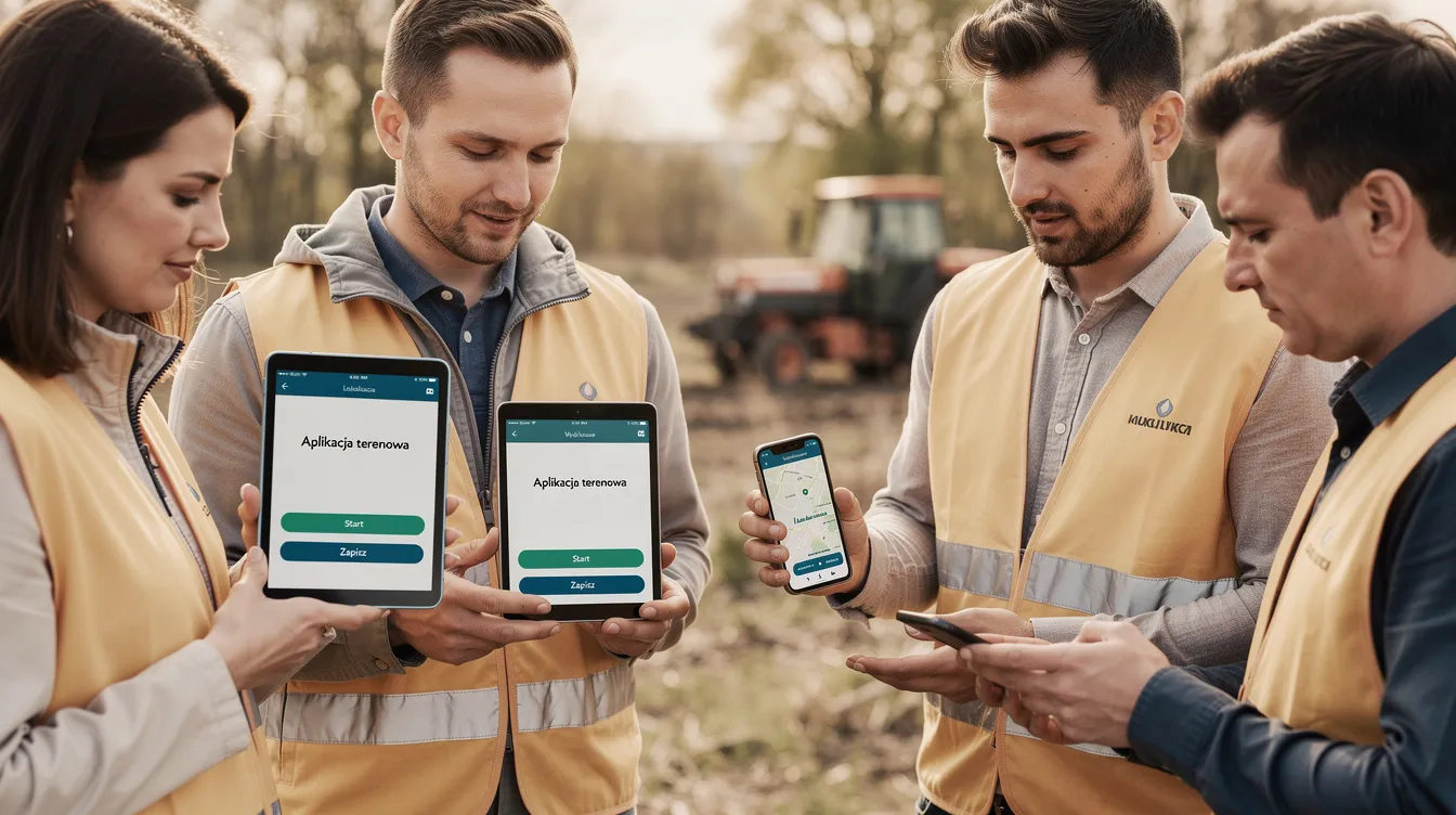 Na zdjęciu widoczny jest mały zespół ludzi korzystających z aplikacji mobilnej w terenie, trzymających tablety i smartfony. Wspólnie pracują nad tworzeniem aplikacji mobilnych, co pokazuje ich zaangażowanie w wykorzystanie nowoczesnych narzędzi do szybkiego tworzenia działających aplikacji.