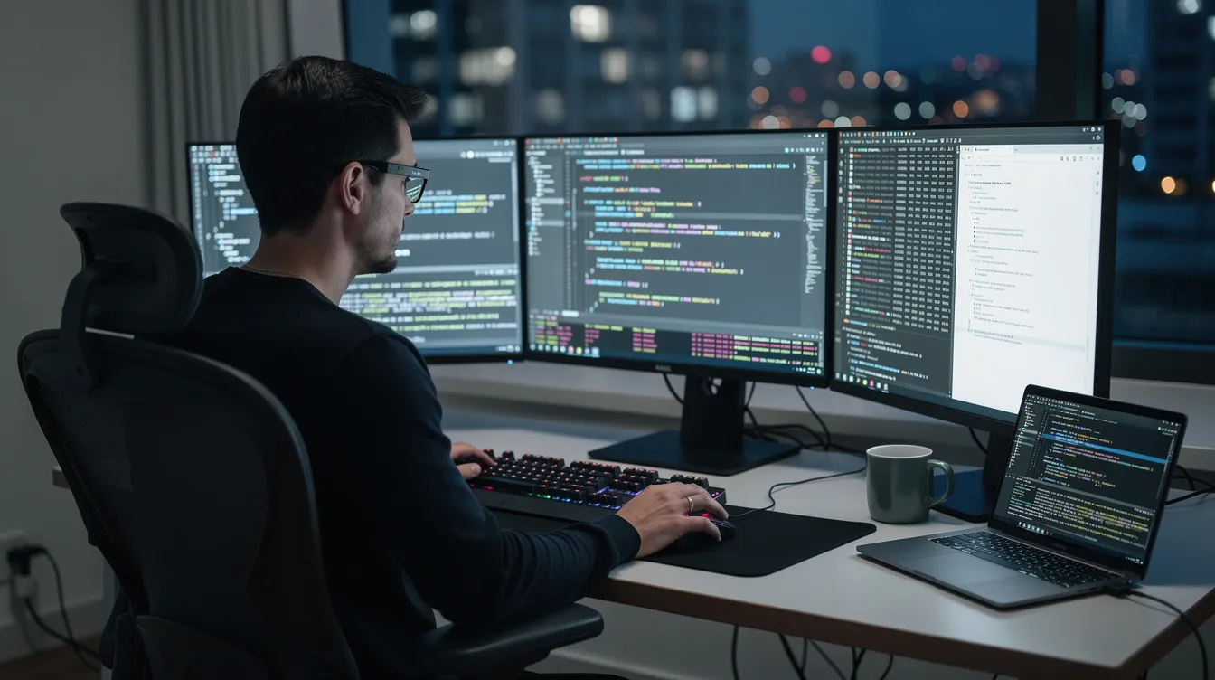 9bce20d5 cdac 4426 bdde 3b9c5a9c434a The image shows a focused software developer working at a desk, surrounded by multiple monitors displaying lines of code, symbolizing the modern digital workspace essential for online business ideas and innovative solutions. This setup highlights the importance of technology in today's profitable small business ventures.