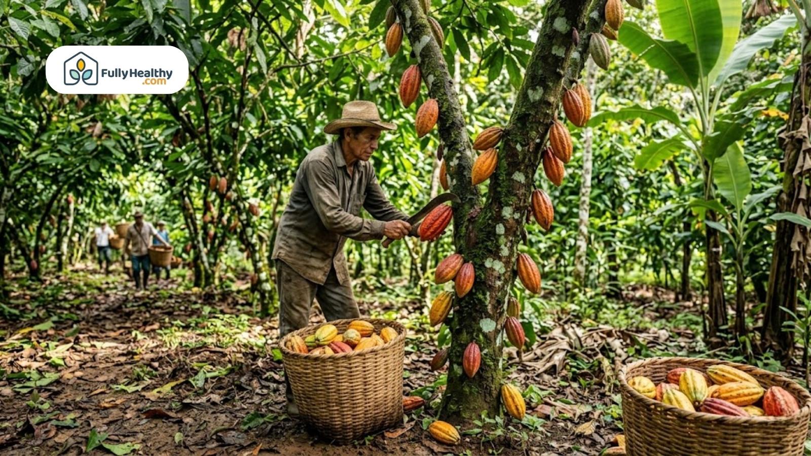 Farmer harvesting ripe cacao pods in tropical plantation with baskets nearby