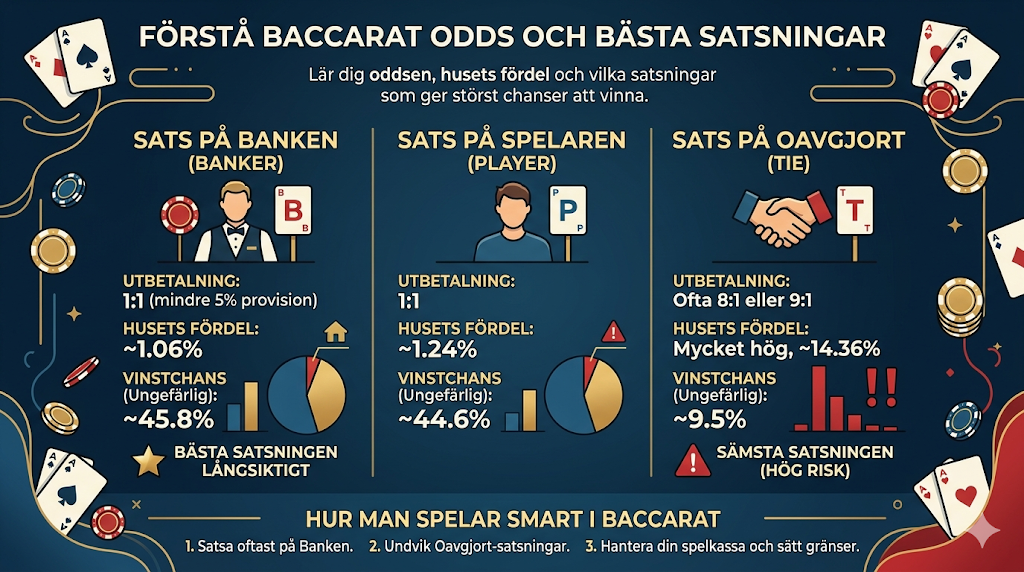 Baccarat odds och satsningar – banker, player och tie med husfördel och bästa strategi