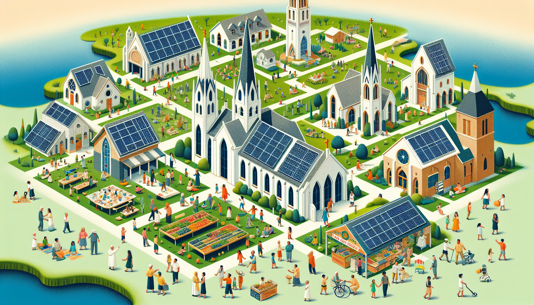 A cartoon depicting successful case studies of solar-powered churches.