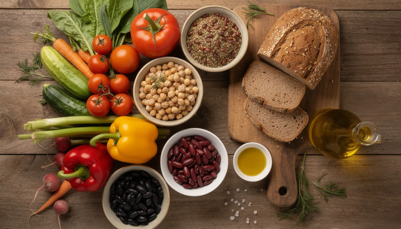 A rustic wooden table is adorned with an array of fresh, colorful vegetables and legumes in bowls, alongside whole grain bread and a bottle of extra virgin olive oil. This vibrant display reflects the principles of a longevity diet, emphasizing healthy foods that promote a long and healthy life.
