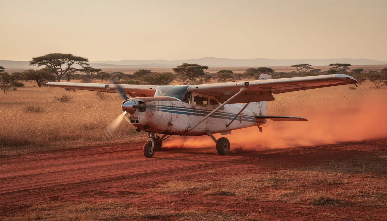 A small bush aircraft is landing on a red dirt airstrip surrounded by the vast African savannah, characteristic of the Maasai Mara National Reserve, where tourists can experience the incredible wildlife of East Africa. The scene captures the essence of adventure and exploration in one of the world's renowned wildlife reserves.